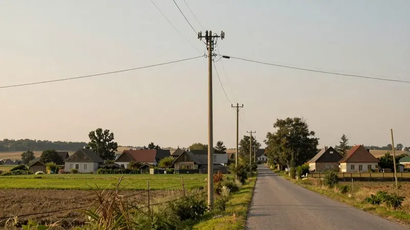 Linia energetyczna wzdłuż drogi przez wieś